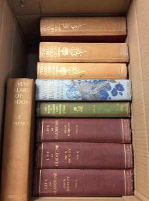 Lot 1598 - Two boxes of assorted books to include Seven Pillars of Wisdom by T.E. Lawrence and others (2 boxes)