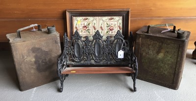 Lot 26 - Miniature Coalbrookdale style garden bench together with a tiled tray and two petrol cans