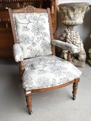 Lot 69 - Walnut framed open armchair with floral upholstery on turned front legs H100, W65, D62cm