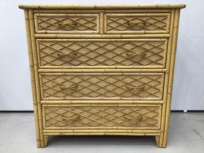Lot 44 - Early/mid 20th century bamboo and light wood chest of two short and three long drawers with lattice decorated drawer fronts, 92cm wide x 51cm deep x 90cm high