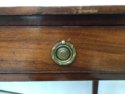 Lot 47 - 19th century mahogany hall table with single drawer, brass ring handles, on square taper legs terminating on brass castors, bearing label for Spillman & Co. London, 105cm wide x 54cm deep x 77cm hi...