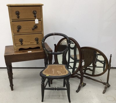 Lot 51 - Two mahogany swing toilet mirrors, miniature pine chest, Victorian mahogany babies bath (lacking liner) and a child's black lacquer balloon back chair (5)