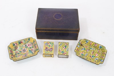 Lot 798 - 1920s Chinese cloisonné cigarette box 14 cm, two Canton enamel ashtrays and pair match box holders (5)