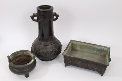 Lot 799 - 19th century Chinese bronze censor raised on three feet with two character mark to base , Chinese archaic school bronze vase with animal mask handles 28cm high and archaic school bronze trough 24 c...