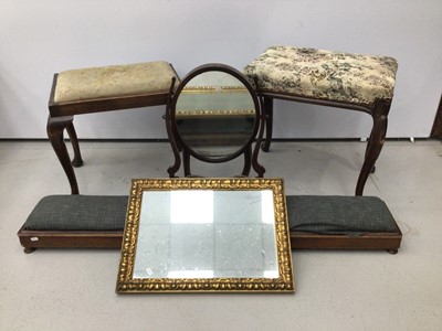 Lot 127 - 19th century mahogany framed dressing stool, another with tapestry top, mahogany framed swing toilet mirror, gilt framed mirror and a long footstool with upholstered top (5)