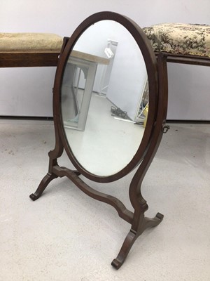Lot 127 - 19th century mahogany framed dressing stool, another with tapestry top, mahogany framed swing toilet mirror, gilt framed mirror and a long footstool with upholstered top (5)