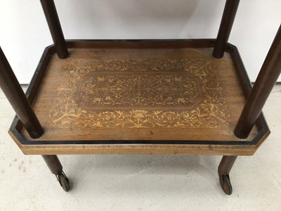 Lot 135 - Continental inlaid two tier trolley with ornate foliate scroll decoration, on cylindrical supports and castors, 59cm x 40cm