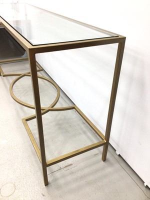Lot 146 - Stylish gold finished metal rectangular console table with inset glass top, 160cm wide x 41cm deep x 77cm high