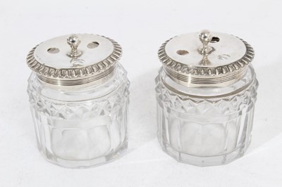 Lot 316 - Pair of George III cut glass inkwells with silver mounts (London 1808), makers mark rubbed, each approximately 7cm in height