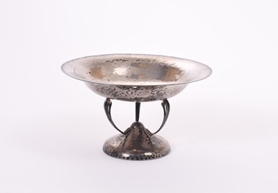 Lot 320 - George V Arts and Crafts silver tazza with planished decorated, raised on domed circular foot, (Sheffield 1911), maker Walker & Hall, at approximately 8oz, 9cm in overall height