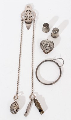 Lot 321 - Edwardian silver chatelaine (Birmingham 1903), together with silver children's bangle, two silver thimbles and a Dutch silver pin cushion (various dates and makers) (5)