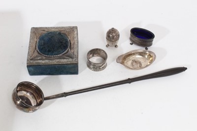 Lot 325 - George II silver toddy ladle with turned ebony handle, (London 1744), together with a Georgian white metal pap boat, silver salt cellar, silver pepperette, silver napkin ring and a silver mounted t...