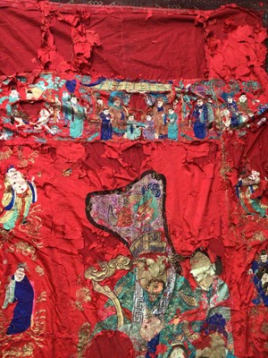 Lot 152 - Antique Chinese red silk wall hanging, 52" wide in distressed condition