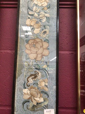 Lot 104 - Framed Chinese silk embroidery, together with two fine silk panels