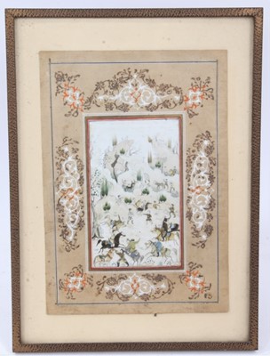 Lot 810 - Fine 19th century Indo-Persian gouache of a polo match with figures and animals beyond in glazed frame 28.5 x 21cm overall