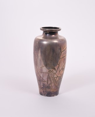 Lot 330 - Japanese late Meji period vase of tapered cylindrical form with engraved decoration depicting a Kingfisher amongst reeds, with character marks to base, all at approximately 9oz, 17cm in overall hei...