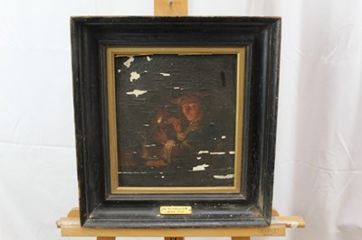 Lot 1243 - Studio of G. Schalken oil on panel - lighting a pipe, in ebonised frame