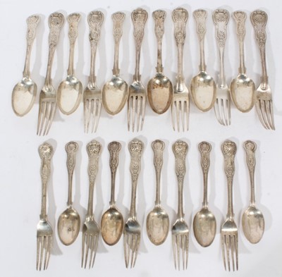 Lot 336 - Composite set of Victorian silver Kings pattern cutlery - comprising six dinner forks, five dessert forks, six dessert spoons and five teaspoons, (various dates and makers), together with three mod...