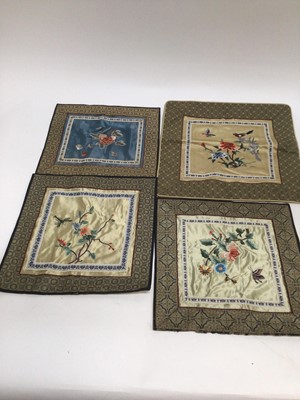 Lot 1916 - Selection on Chinese Silk panels, various sizes some used as cushion covers. Silk embroidered exotic birds, butterflies, figures and flowers. Plus two framed and glazed Chinese painted silk picture...