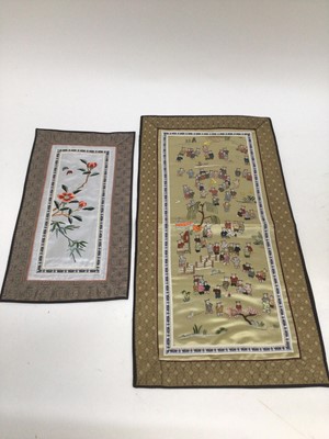 Lot 1916 - Selection on Chinese Silk panels, various sizes some used as cushion covers. Silk embroidered exotic birds, butterflies, figures and flowers. Plus two framed and glazed Chinese painted silk picture...