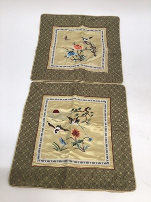 Lot 1916 - Selection on Chinese Silk panels, various sizes some used as cushion covers. Silk embroidered exotic birds, butterflies, figures and flowers. Plus two framed and glazed Chinese painted silk picture...
