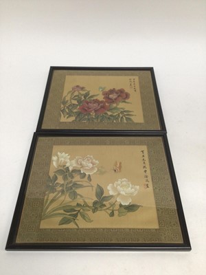 Lot 1916 - Selection on Chinese Silk panels, various sizes some used as cushion covers. Silk embroidered exotic birds, butterflies, figures and flowers. Plus two framed and glazed Chinese painted silk picture...