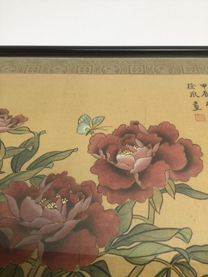 Lot 1916 - Selection on Chinese Silk panels, various sizes some used as cushion covers. Silk embroidered exotic birds, butterflies, figures and flowers. Plus two framed and glazed Chinese painted silk picture...