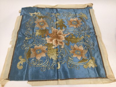 Lot 1917 - Vintage blue silk panel with crouch stitch silk thread embroidered flowers and leaves outlined with crouch stitched metallic thread, 55cm x 60 cm approximately.  A large Egyptian appliquéd wall han...