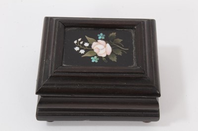 Lot 746 - 19th century Continental pietra dura inlaid ebonised stamp box, rectangular form on bun feet, 6cm wide, together with a circular brass and pietra dura panel inset ring box and stamp box wit h micro...