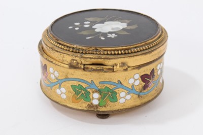 Lot 746 - 19th century Continental pietra dura inlaid ebonised stamp box, rectangular form on bun feet, 6cm wide, together with a circular brass and pietra dura panel inset ring box and stamp box wit h micro...