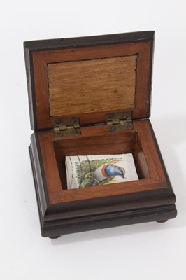 Lot 746 - 19th century Continental pietra dura inlaid ebonised stamp box, rectangular form on bun feet, 6cm wide, together with a circular brass and pietra dura panel inset ring box and stamp box wit h micro...