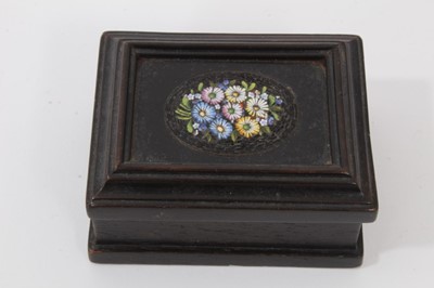 Lot 746 - 19th century Continental pietra dura inlaid ebonised stamp box, rectangular form on bun feet, 6cm wide, together with a circular brass and pietra dura panel inset ring box and stamp box wit h micro...