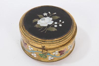 Lot 746 - 19th century Continental pietra dura inlaid ebonised stamp box, rectangular form on bun feet, 6cm wide, together with a circular brass and pietra dura panel inset ring box and stamp box wit h micro...