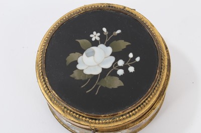 Lot 746 - 19th century Continental pietra dura inlaid ebonised stamp box, rectangular form on bun feet, 6cm wide, together with a circular brass and pietra dura panel inset ring box and stamp box wit h micro...