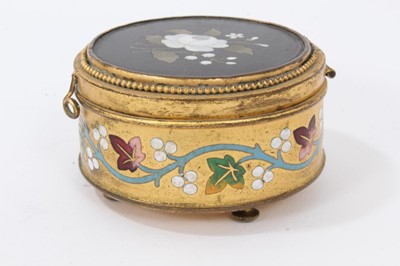 Lot 746 - 19th century Continental pietra dura inlaid ebonised stamp box, rectangular form on bun feet, 6cm wide, together with a circular brass and pietra dura panel inset ring box and stamp box wit h micro...