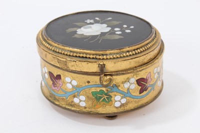 Lot 746 - 19th century Continental pietra dura inlaid ebonised stamp box, rectangular form on bun feet, 6cm wide, together with a circular brass and pietra dura panel inset ring box and stamp box wit h micro...