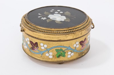 Lot 746 - 19th century Continental pietra dura inlaid ebonised stamp box, rectangular form on bun feet, 6cm wide, together with a circular brass and pietra dura panel inset ring box and stamp box wit h micro...