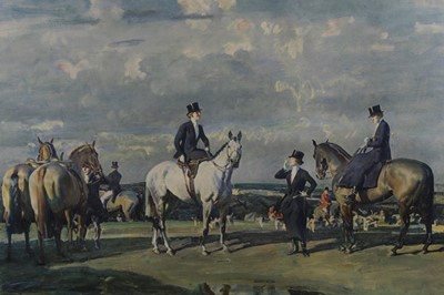 Lot 1006 - Mixed group of sporting prints to include: Sir Alfred Munnings 1940s coloured print "Why weren't you out yesterday?", four Sanderson Wells coloured prints, 1930s 'Three Great Sires' print, each fra...