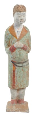 Lot 149 - Old Chinese pottery tomb figure, shown standing with hands joined and wearing a long robe, polychrome painted, from a private collection but with no provenance or thermoluminescence certificate so...