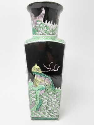 Lot 150 - Chinese famille noire porcelain vase, 19th/20th century, of tapered rectangular form, painted with dragons on each side, with fish and horses around the neck, six-character Kangxi mark to base, 36c...