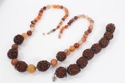 Lot 457 - Victorian moss agate brooch, Victorian agate brooch, a carnelian bead and nut necklace, similar bracelet, 1920s yellow glass beadwork sautoir necklace and vintage costume jewellery