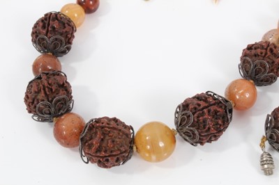 Lot 457 - Victorian moss agate brooch, Victorian agate brooch, a carnelian bead and nut necklace, similar bracelet, 1920s yellow glass beadwork sautoir necklace and vintage costume jewellery