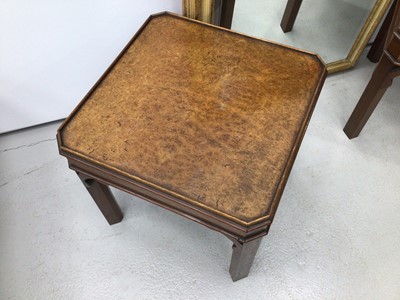 Lot 101 - Pair of reproduction burr walnut effect side tables together with a bevelled wall mirror in gilt and painted frame, side table H47, W49cm, mirror H94, W73cm