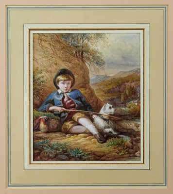 Lot 1282 - Paul Falconer Poole, RA, NWS, (1807-1879) Good 19th century Scottish watercolour depicting young man terrier relaxing next to a river possibly fishing