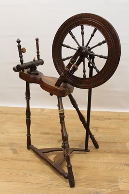 Lot 1431 - Scarce good quality 18th/19th century mahogany and barber pole strung spinning wheel, possibly Scottish