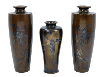 Lot 842 - Pair of Japanese bronze and metal inlaid vases together with another smaller