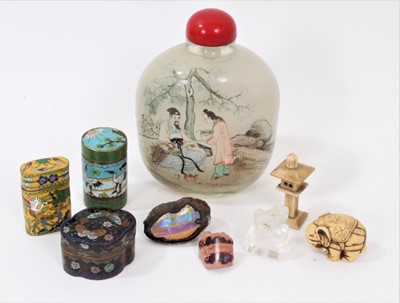 Lot 846 - Large Chinese inside painted glass snuff bottle, together with rock crystal seal, blinder opal specimens and three small cloisonne boxes, other items