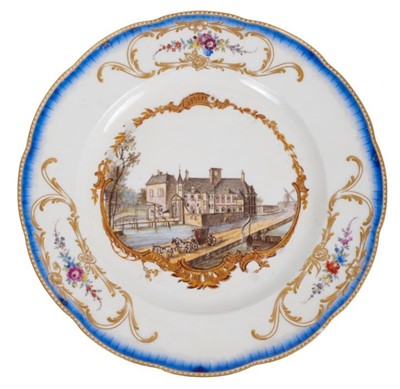 Lot 169 - A Meissen plate from the Stadhouder William V service, circa 1772-74, blue crossed swords and dot mark, the centre painted with a view of 'Het Huys Nyenrode by Breukelen', titled on the reverse in...