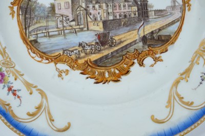 Lot 169 - A Meissen plate from the Stadhouder William V service, circa 1772-74, blue crossed swords and dot mark, the centre painted with a view of 'Het Huys Nyenrode by Breukelen', titled on the reverse in...