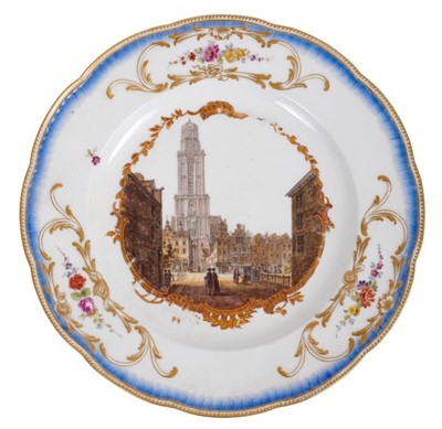 Lot 170 - A Meissen plate from the Stadhouder William V service, circa 1772-74, blue crossed swords and dot mark, the centre painted with a view of 'De Domkerk en Torente Utrecht', titled on the reverse in b...